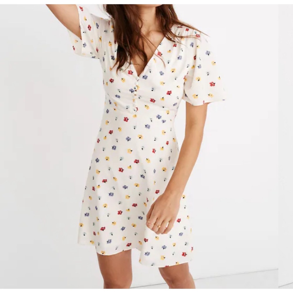 Madewell Floral Print V Neck Button Front Mini Dress Flutter Sleeve Ivory Size 0